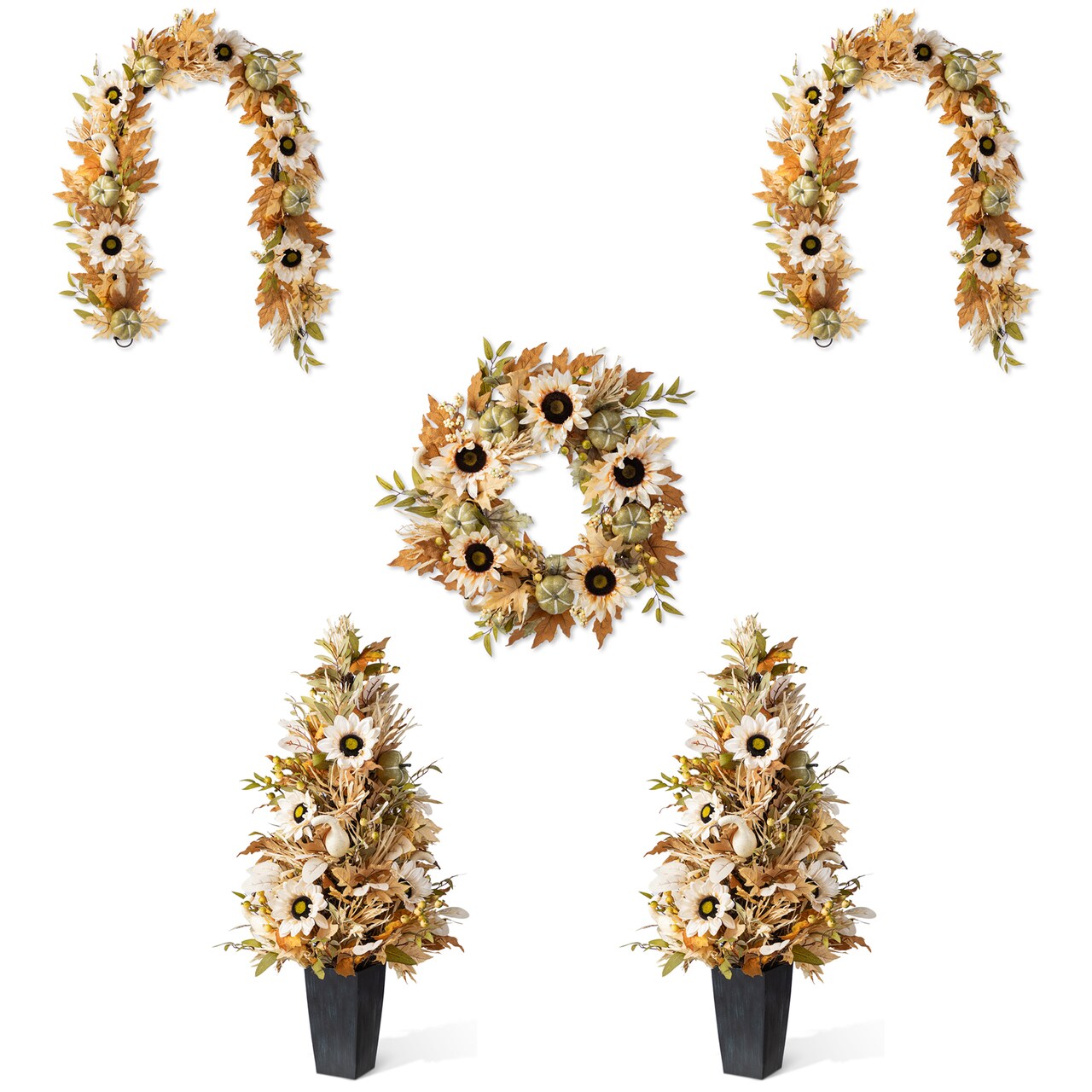Fall Neutral Sunflower Pumpkin and Leaf Garlands/Porch Trees/Teardrops Set
